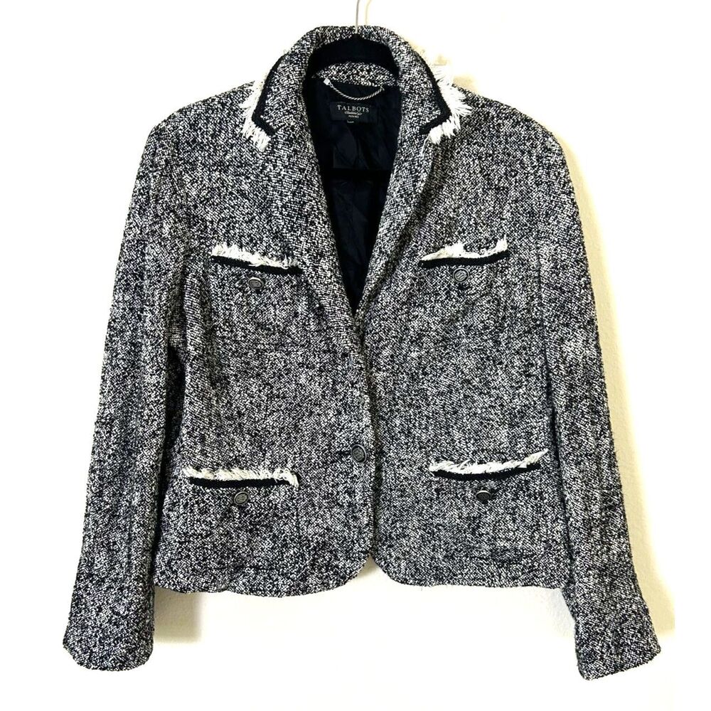 Talbot's Blazer Women's 14P‎ Black White Boucle Tweed Fringe Detail Button Front